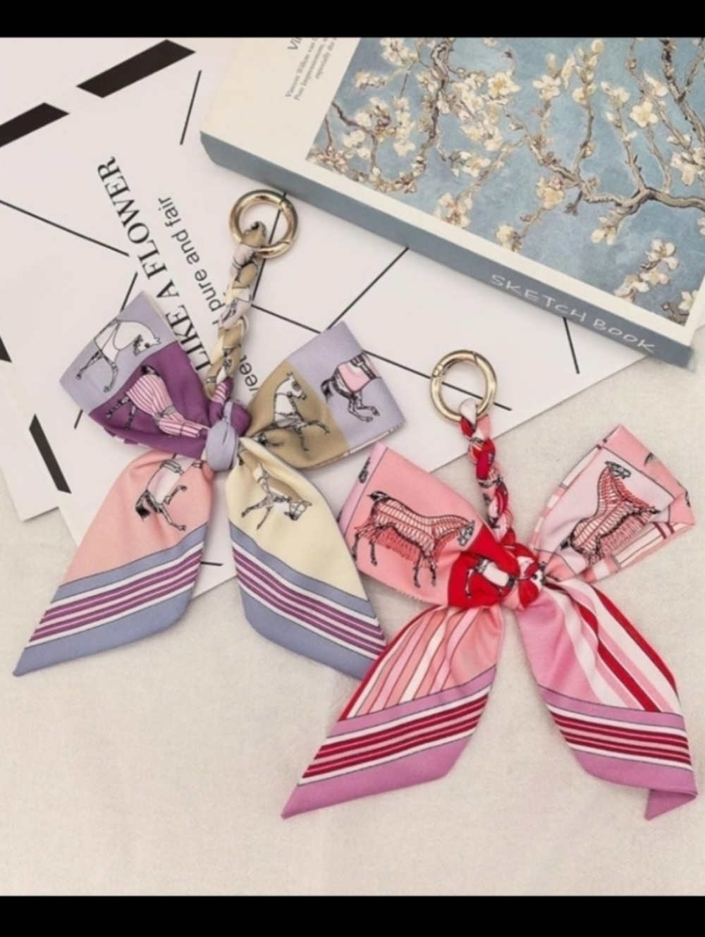 2pcs Horse Print And Purple Bow Keychain with Gold Ring